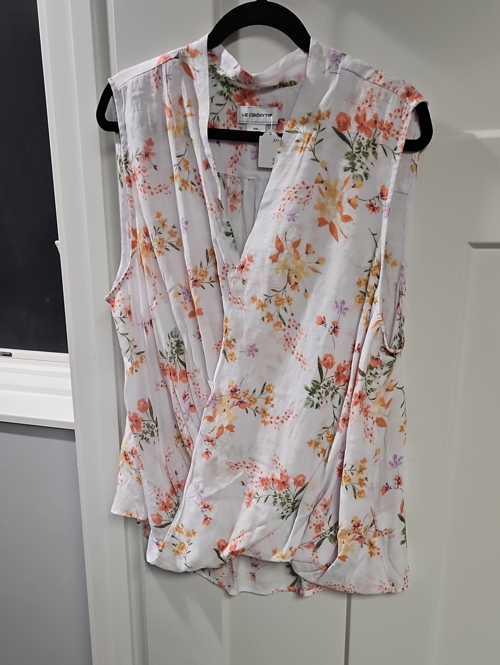 Liz Claiborne White Floral Sleeveless Wrap Blouse
